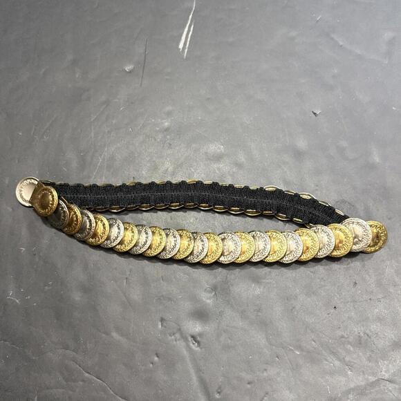 Vintage Gold Silver Metal Disc Coin Stretch Belt 80s Medallion Roman - Picture 3 of 11